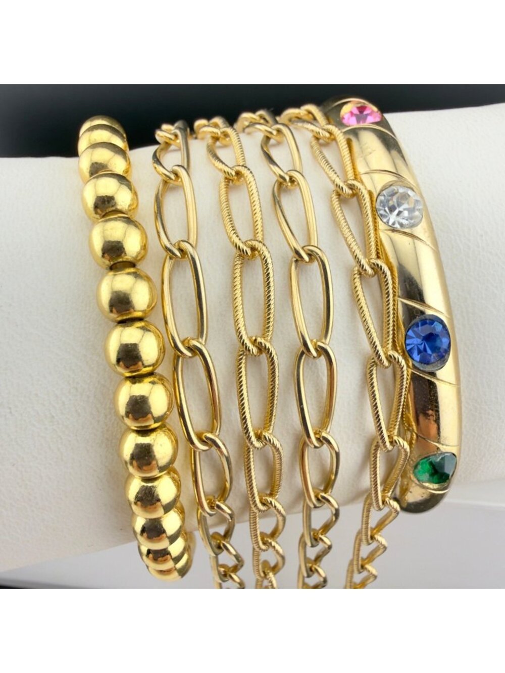 Gold Tone Bracelet Set Stackable Rhinestones Beads Chain Fashion